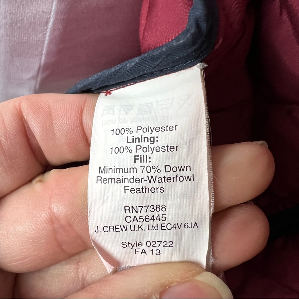 J.Crew Quilted Down-Filled Jacket Burgundy Corduroy Collar Women’s Size XS - Picture 11 of 13